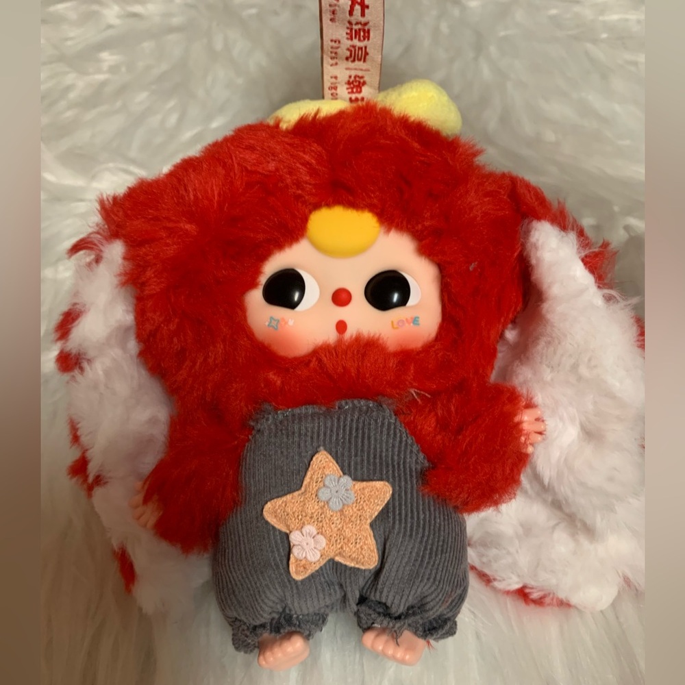 Baby Three V2 Rabbit Macaron Red Bunny Vinyl Face   Plush Key Holder Red & White